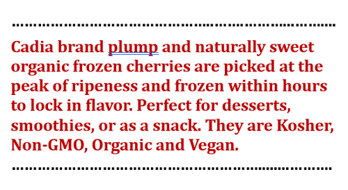 Frozen Cherries - Sweet - Pitted - Organic - 10 oz