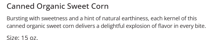 Canned Sweet Corn, Organic - 15 oz